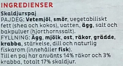 Lista de ingredientes del producto Skaldjurspaj Felix, Orkla 220 g