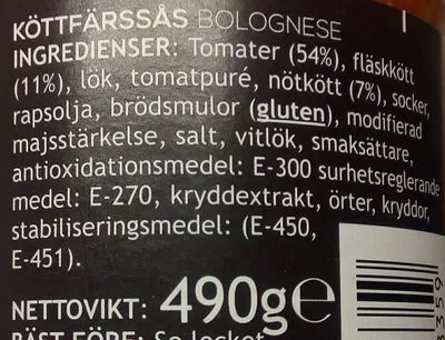 Lista de ingredientes del producto Pride Köttfärssås Bolognese Pride, B&S Foods 490 g