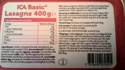 Lista de ingredientes del producto ICA Basic Lasagne ICA Basic, ICA 400 g