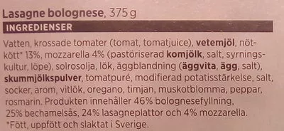 Lista de ingredientes del producto ICA Lasagne Bolognese ICA 375 g