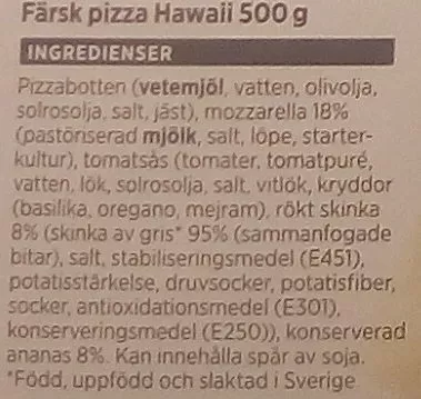 Lista de ingredientes del producto ICA Bara att värma Pizza Hawaii ICA Bara att värma, ICA 500 g