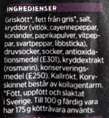 Lista de ingredientes del producto Ölkorv Vitlök Ica 40 g