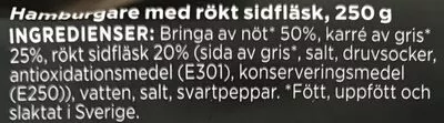 Lista de ingredientes del producto Smashed Burger med Bringa och rökt sidfläsk ICA Selection, Ica 2 x 125 g