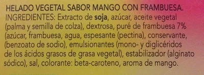 Lista de ingredientes del producto Helado de Soja sabor Mango Frambuesa Hacendado 575 g, 1 l