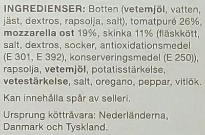 Lista de ingredientes del producto Pizza ost & skinka Coop, Freiberger Lebensmittel 340 g