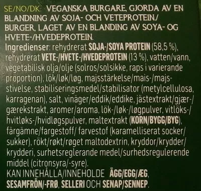 Lista de ingredientes del producto Hälsans Kök Vardagsfavoriter Veganska burgare Hälsans Kök Vardagsfavoriter, Hälsans Kök, Tivall 300 g