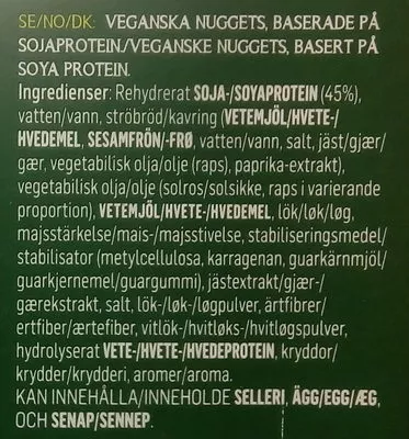 Lista de ingredientes del producto Hälsans Kök Vardagsfavoriter Veganska Nuggets Hälsans Kök Vardagsfavoriter, Hälsans Kök, Tivall 300 g