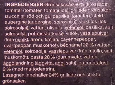 Lista de ingredientes del producto Garant Grönsakslasagne Garant, Axfood 390 g