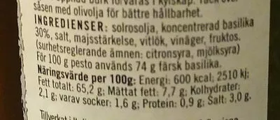 Lista de ingredientes del producto Pesto Genovese "Nutsfree" Pesto utan Nötter Matric 130g