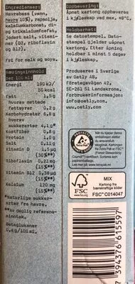 Lista de ingredientes del producto Havre drikk kalsium Oatly! 1 L