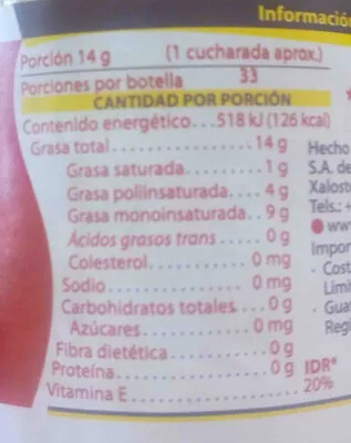 Lista de ingredientes del producto Aceite vegetal 1-2-3 