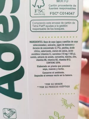 Lista de ingredientes del producto Soya con jugo de fruta Ades 