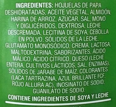 Lista de ingredientes del producto Sabritas Stax Crema y cebolla Sabritas 155.9 g