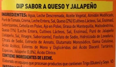 Lista de ingredientes del producto Dip Tostitos sabor queso y jalapeño Sabritas 255 g