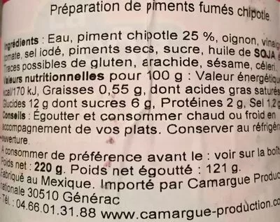 Lista de ingredientes del producto Chipotle Peber Røget La Costeña 220 g - masa drenada 121 g