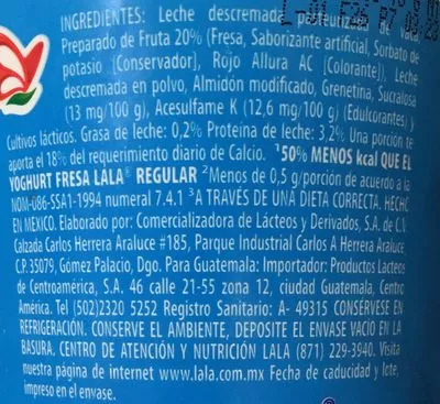 Lista de ingredientes del producto Yoghurt Light Fresa Lala 1 kg