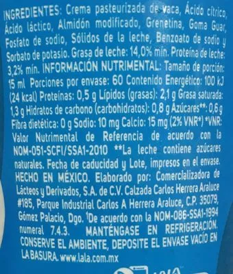 Lista de ingredientes del producto Crema reducida en grasas Lala 900 ml