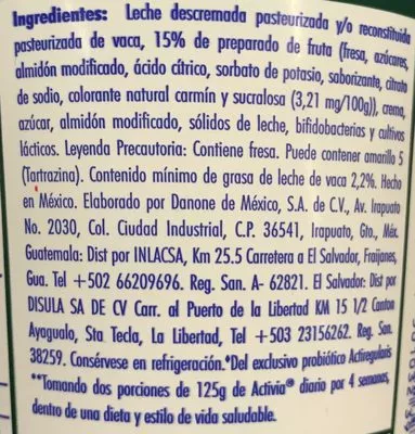 Lista de ingredientes del producto Activia Fresa Danone Danone,  Activia 900 g