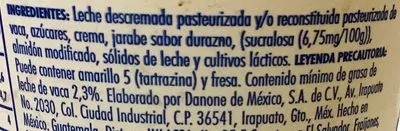 Lista de ingredientes del producto Danone Yoghurt de Durazno sin trozos Danone 900 g