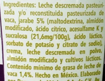 Lista de ingredientes del producto Vitalinea Sin Azucar sabor Natural Danone 900 g