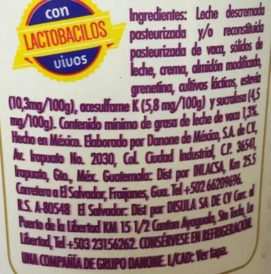 Lista de ingredientes del producto Vitalinea estilo Griego Natural Danone 1 kg