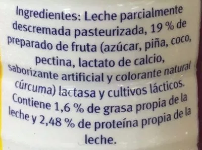 Lista de ingredientes del producto Yoghurt deslactosado Piña coco Alpura 250 g