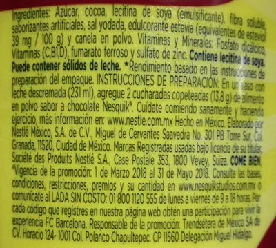 Lista de ingredientes del producto Nesquik Nestlé 1.8 kg