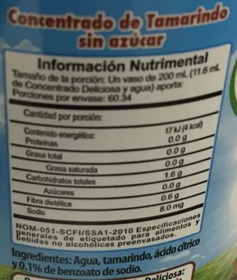 Lista de ingredientes del producto Deliciosa Tamarindo sin azucar roalmex 700 ml