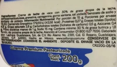 Lista de ingredientes del producto Crema ranchera premium Sello rojo 200 g