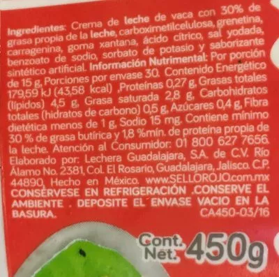 Lista de ingredientes del producto Crema premium Sello rojo 450 g