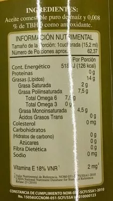 Lista de ingredientes del producto Aceite de maíz la Gloria La Gloria 948 ml