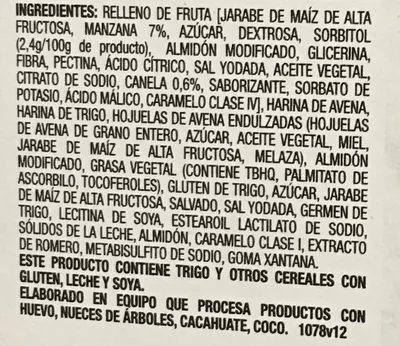 Lista de ingredientes del producto Stila sabor manzana y canela Quaker 150 g (6 barras)