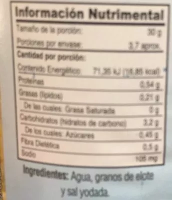 Lista de ingredientes del producto Granos de elote Great Value Great Value 225 g