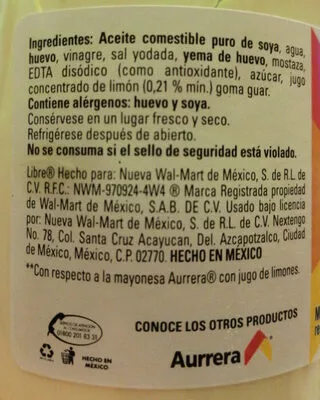 Lista de ingredientes del producto mayonesa aurrera 500 g