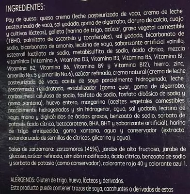 Lista de ingredientes del producto Cheesecake con zarzamora Vips 850 g