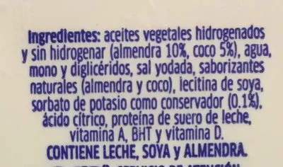 Lista de ingredientes del producto Margarina Coco & Almendra Sin Sal Primavera Primavera 170 g