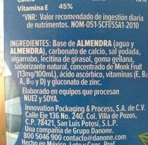 Lista de ingredientes del producto Almendra sin azucar Silk 