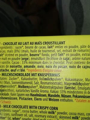 Lista de ingredientes del producto Lait suisse maïs croustillant Villars 