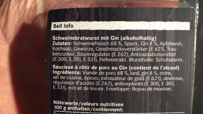 Lista de ingredientes del producto Saucisse à rôtir de porc au Gin Bell 180 g