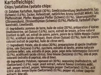 Lista de ingredientes del producto Chips du terroir poivre et thym citron Zweifel 