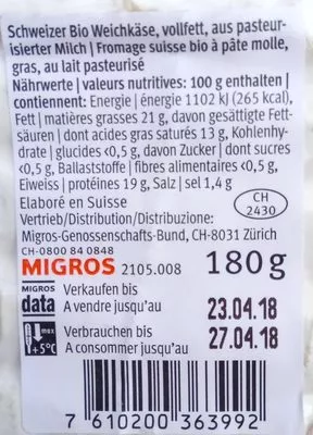 Lista de ingredientes del producto Brie MIGROS BIO 180 g