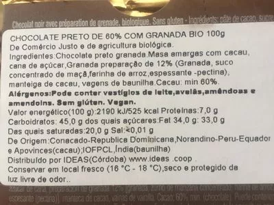 Lista de ingredientes del producto Dark chocolate 60% with pomegranate Chocolat Stella 