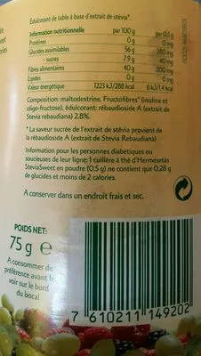 Lista de ingredientes del producto Stevia Sweet Hermesetas 75 g