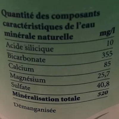 Lista de ingredientes del producto EAU MINÉRALE GAZÉIFIÉE ARKINA 