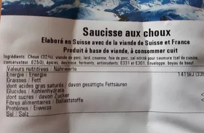 Lista de ingredientes del producto Saucisse Aux Choux  