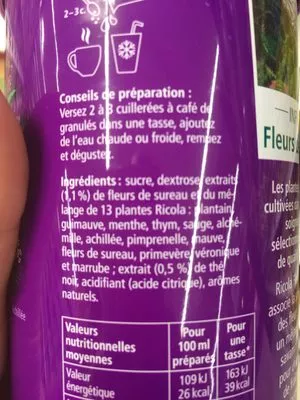 Lista de ingredientes del producto Ricola Infuselle Infusion fleurs de sureau 200 g Ricola 200g