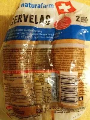 Lista de ingredientes del producto Naturafarm Cervelas Coop, Naturafarm 200 g