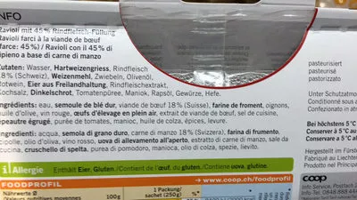 Lista de ingredientes del producto Ravioli au boeuf Betty Bossi 250 g