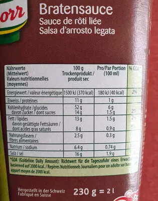 Lista de ingredientes del producto Sauce de rôti liée Knorr 230g