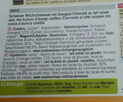 Lista de ingredientes del producto Chocolat au lait - Orange Coop,  Schweizer 100 g